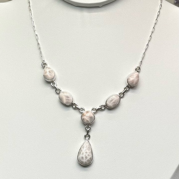 NLP1 Genuine Pink Larimar (Natrolite) Lariat Necklace Paperclip Necklace S925 - Picture 5 of 9